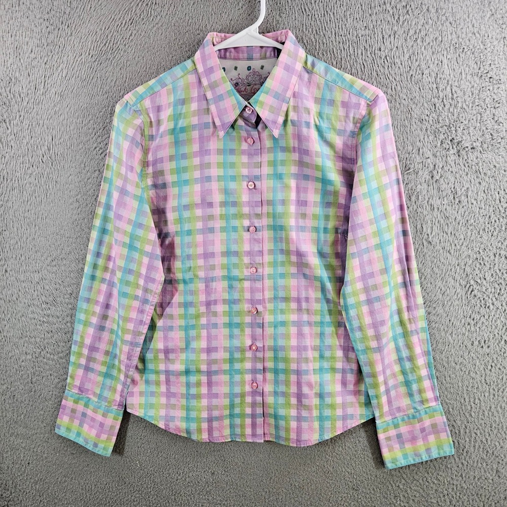 Robert Graham Womens Pastel Plaid Cotton Silk Trim Button Down Shirt Pink Size M
